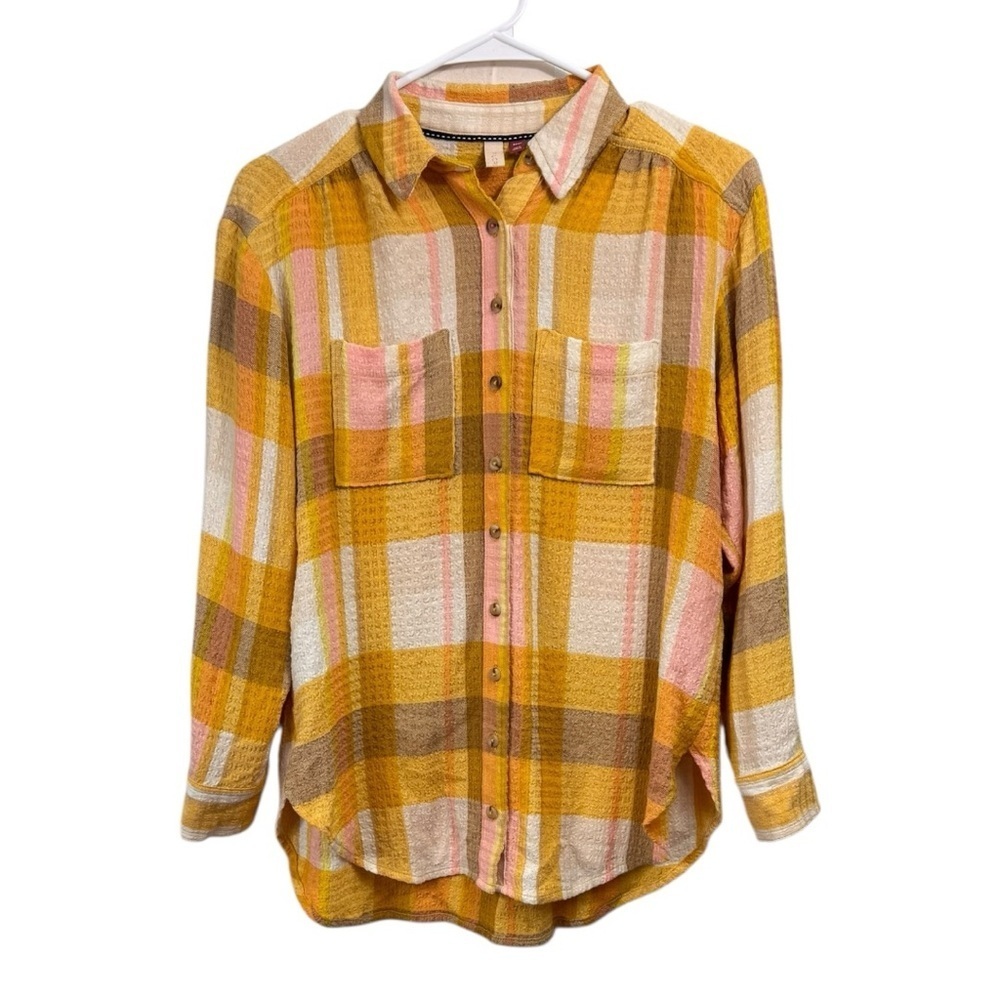 Pilcro Anthropologie Size XXSP Relaxed Plaid Button Down Shirt Top Yellow Pink